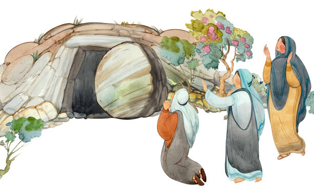 Easter hand drawn watercolor illustration of the Cave of the Resurrection of Christ, the Myrrh-Bearing Woman. Plowing clipart, Religious church background, print Resurrection Easter hand drawn watercolor illustration of the Cave of the Resurrection of Christ, the Myrrh-Bearing Woman. Plowing clipart, Religious church background, print Resurrection tomb of the virgin mary in jerusalem stock illustrations