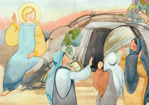 Easter banner, border: an angel speaks to the myrrh-bearers about the resurrection, the tomb of Jesus Christ. For Christian church publications, Easter cards, prints. Biblical illustration hand drawn Resurrection of Jesus Christ, Easter,Holy Sepulcher, the angel speaks with the myrrh-bearing women about the resurrection. For Christian church publications, Easter cards, prints, easter banner tomb of the virgin mary in jerusalem stock illustrations