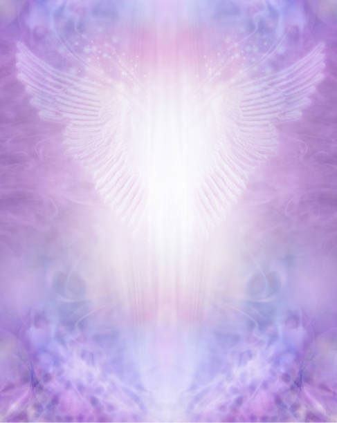 Lilac Angel Wings Certificate Award Diploma background Angel wings with bright spiritual light flowing between against a purple pink ethereal background ideal for a Reiki healing certificate angel stock pictures, royalty-free photos & images
