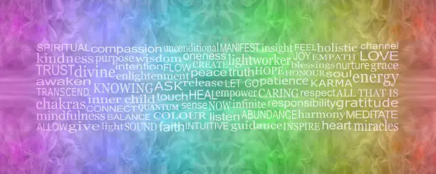 Photo of Rainbow coloured spiritual words artwork banner