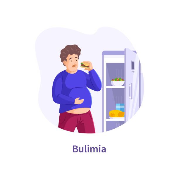 Fat man with big tummy suffering bulimia. Psychological disorder binge eating Fat man with big tummy suffering bulimia. Male eat fast food burger with open refrigerator. Psychological disorder binge eating. Unhealthy person overweight having mental state problem cartoon vector brain eater stock illustrations