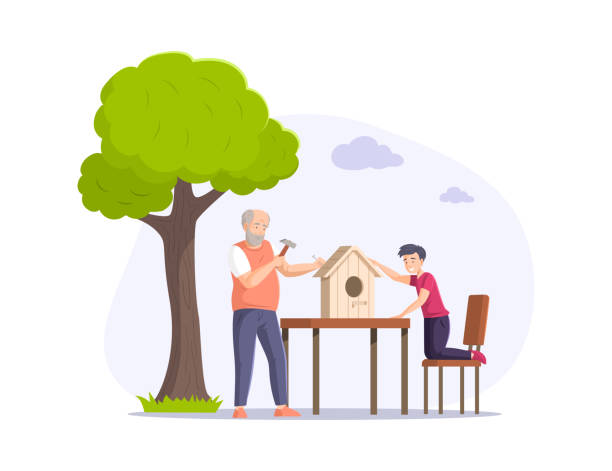 祖父と孫が一緒に鳥小屋を作る。鳥のための木造住宅を構築する幸せな家族 - birdhouse点のイラスト素材／クリップアート素材／マンガ素材／アイコン素材