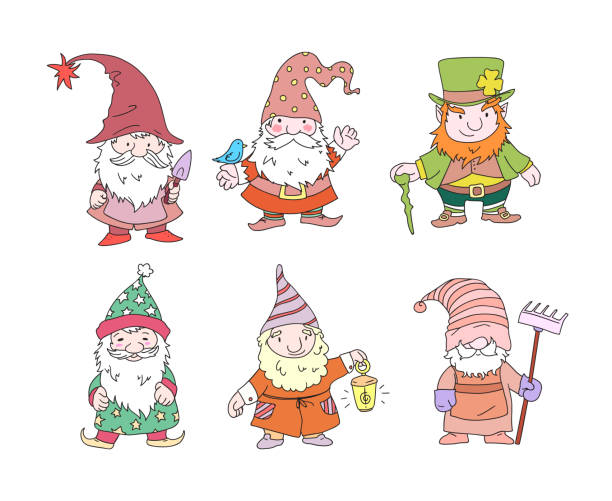 niedliche gnomenfiguren. lustig festlich fabelhafter älterer mann mit grauhaarigem bart. weihnachtszwerge, kobolde für patrick day - gnome troll wizard dwarf stock-grafiken, -clipart, -cartoons und -symbole
