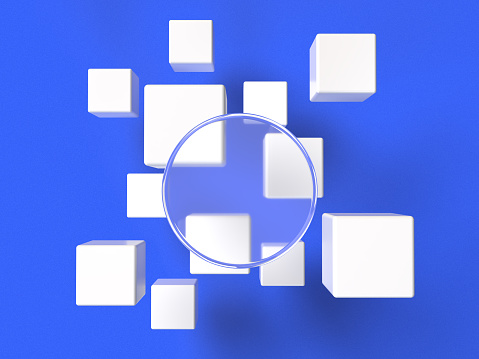 3D rendered composition of white cubes and a round glass object on a blue background. Illustration for abstract data solution, organization, or structure. Visualization for digital details.
