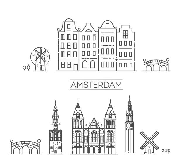 ilustraciones, imágenes clip art, dibujos animados e iconos de stock de amsterdam city line silhouette. edificio histórico - amsterdam canal netherlands dutch culture