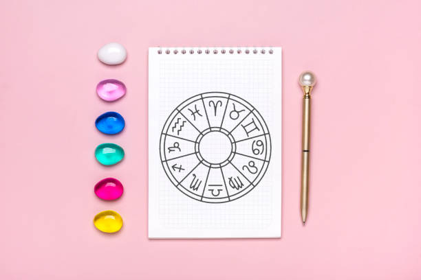 Horoscope circle with twelve signs of zodiac on paper, divination dice, colorful stone on pink background Fortune telling and astrology predictions Top view Flat lay Horoscope circle with twelve signs of zodiac on paper, divination dice, colorful stone on pink background Fortune telling and astrology predictions Top view Flat lay. chinese zodiac sign photos stock pictures, royalty-free photos & images