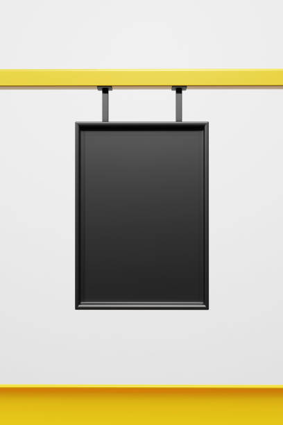 istock 3D rendering of black information bord or display hanging isolated on white background. 1333747381