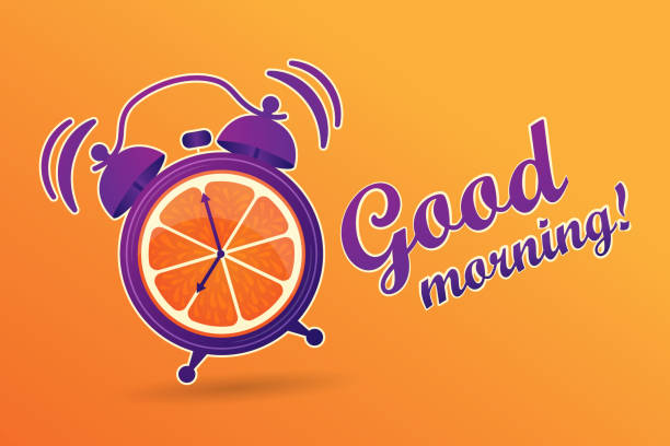 ilustrações de stock, clip art, desenhos animados e ícones de good morning. energetic, vitamin morning. the alarm clock is ringing. cheerfulness in the morning. alarm clock with oranges. wake up, time for breakfast. blank space for your content, template. - clock time alarm clock orange