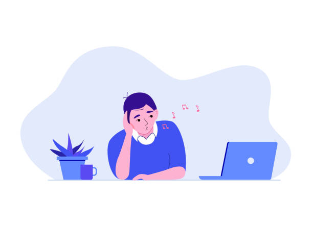 Sad bored man sitting and whistling in office with laptop, plant, cup of coffee at the desk. Long work day concept. Vector illustration cartoon flat style vector art illustration