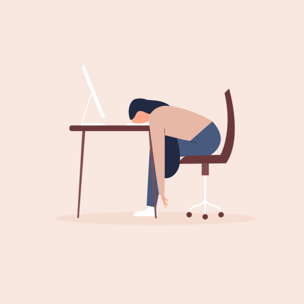 Young exhausted female employee sitting at the office. Professional burnout. Vector illustration flat style vector art illustration
