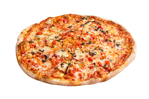 Fresh tasty capricciosa pizza with mozzarella, cheese, tomatoes, ham and champignons isolated on white background.