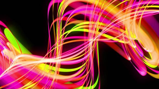 Photo of 3d render. Light flow bg. Abstract background with light trails, stream of green red yellow neon lines form spiral shapes. Modern trendy motion design background light effect.