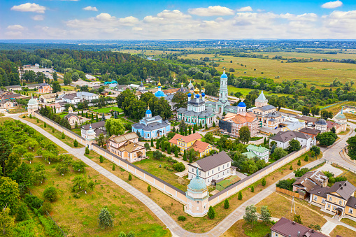 Aerial drone view of the Optina Pustyn Orthodox male monastery Kozelsk, Russia