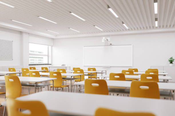 leeres modernes klassenzimmer mit weißer interaktiver tafel - niemand stock-fotos und bilder