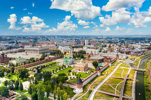 Aerial drone view of Tula Kremlin and assumption cathedral. Summer sunny day.