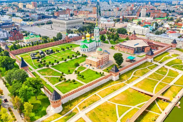 Aerial drone view of Tula Kremlin and assumption cathedral. Summer sunny day.