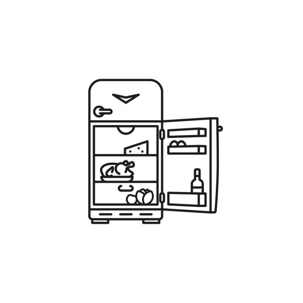 illustrazioni stock, clip art, cartoni animati e icone di tendenza di icona della linea vettoriale del frigorifero retrò aperta - frigorifero