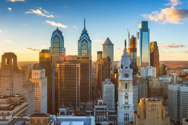 Philadelphia, Pennsylvania, USA downtown city skyline at dusk.