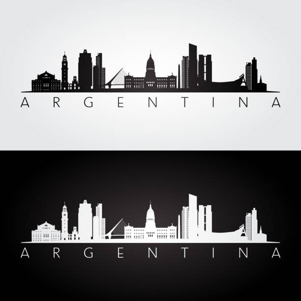 горизонт аргентины и силуэт достопримечательностей, черно-белый дизайн, векторная иллюстрация. - argentina stock illustrations
