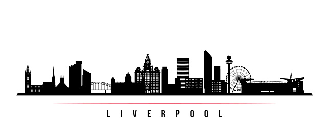 Liverpool skyline horizontal banner. Black and white silhouette of Liverpool, UK. Vector template for your design.