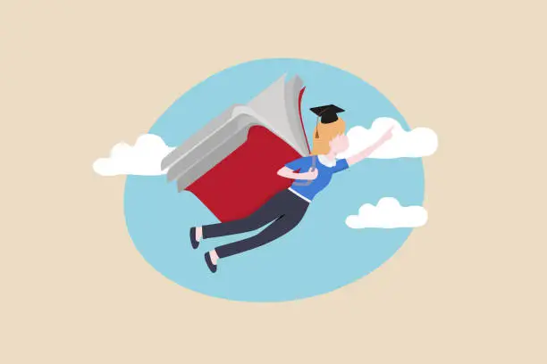 Vector illustration of Education or academic on personal development, knowledge to empower career growth and improve business skill concept, success graduated student flying with book wings in the sky aim for bright future.