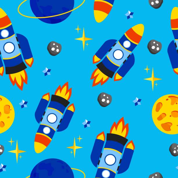 Rocket pattern with a planet stars and asteroids on a blue background. A spaceship. For use in printing on fabric postcards, posters. Vector illustration Rocket pattern with a planet stars and asteroids on a blue background. A spaceship. For use in printing on fabric postcards, posters. astronaut patterns stock illustrations