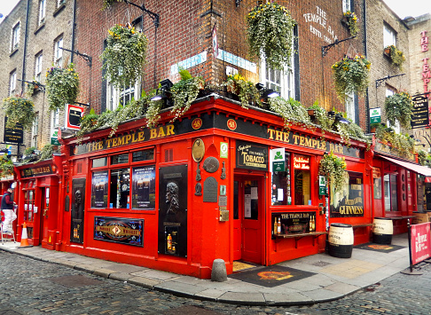Dublin, Ireland - February 2018: Exterior front view of The Temple Bar, a famous pub in the city centre