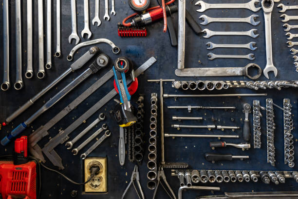 Photo of a Mechanic Tools in Workshop. Close-Up View of a Tool Equipment For Car Service. work tool stock pictures, royalty-free photos & images