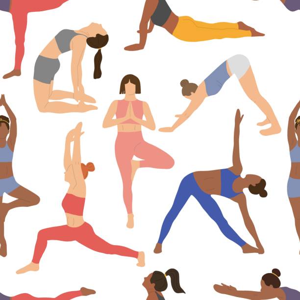 Seamless pattern with yoga poses. Backgrounds and wallpapers for invitations, cards, fabrics, packaging, textiles, posters. Vector illustration. Seamless pattern with yoga poses. Backgrounds and wallpapers for invitations, cards, fabrics, packaging, textiles, posters. Vector illustration. ustrasana stock illustrations