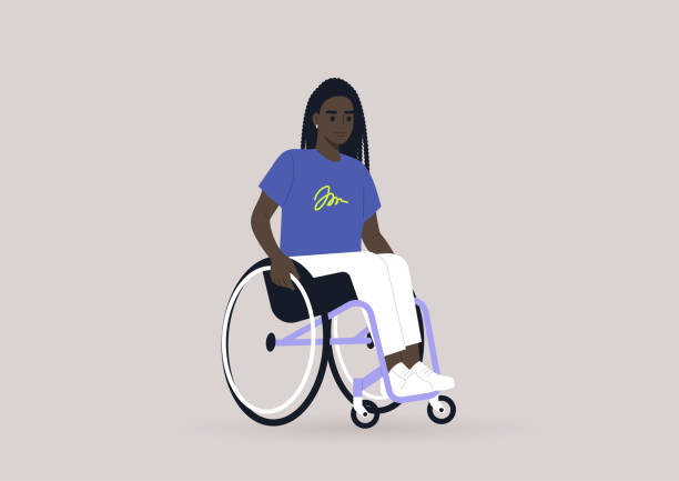 bildbanksillustrationer, clip art samt tecknat material och ikoner med a young female black character on a wheelchair, inclusivity in daily life - wheelchair
