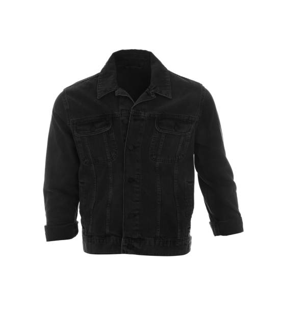 istock Black denim jacket on mannequin against white background. Stylish clothes 1333769406