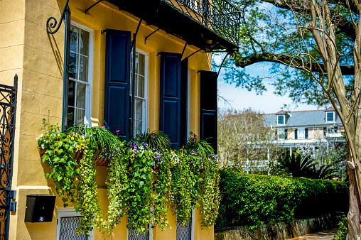 Exteriors of historic, and colorful buildings in the old port town of Charleston, SC in early spring.  Founded in 1670, Charleston, South Carolina is defined by cobblestone streets, and pastel, antebellum style houses.