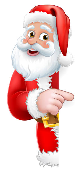 Santa Peeking Christmas Cartoon Sign Pointing Santa Claus Christmas cartoon character peeking around the side of a sign background pointing at it with copyspace. santa claus stock illustrations