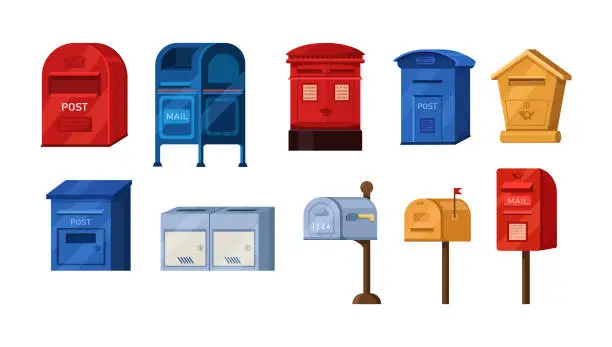 Vector illustration of Isometric mailbox set. Postbox for paper letters newspapers correspondence delivery. Retro modern containers for post service shipment paper correspondence. Receive send mail communication