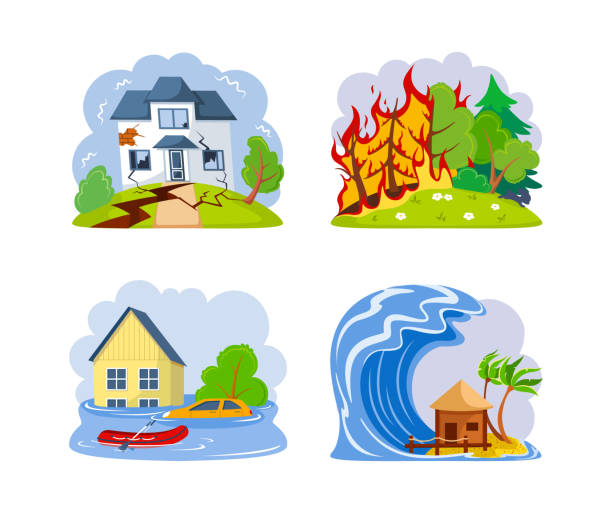 Natural disasters earthquakes, forest fires, floods, tsunami. Natural strong disaster with rain, house cracked, burning forest fires with burning trees, flooding with destruction of houses Natural disasters earthquakes, forest fires, floods, tsunami. Natural strong disaster with rain, house cracked, burning forest fires with burning trees, flooding with destruction of houses vector flooded home stock illustrations