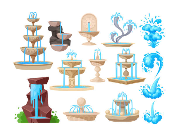 Collection of fountains, geyser waterfalls and water splash. Vintage and modern architecture decor Set of water fountains, natural geyser waterfalls and water splash. Vintage and modern architecture decor with splashing drops. Outdoor park decoration with architectural elements cartoon vector fountain stock illustrations