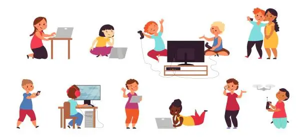 Vector illustration of Kid playing computer. Happy friends play games, smartphone gaming. Young phone users, online video or social media addiction decent vector set