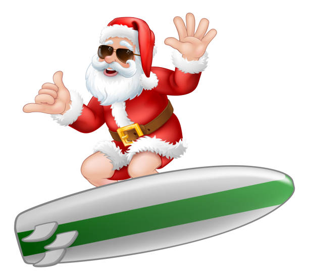 ilustrações, clipart, desenhos animados e ícones de papai noel em óculos escuros surfando shaka hand cartoon - beach sunlight surfboard santa claus