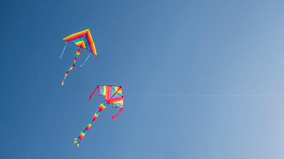 Two kites soar in the blue cloudless sky.