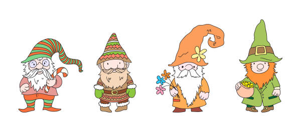 niedliche gnomenfiguren. lustiger fabelhafter älterer mann mit grauhaarigem bart. weihnachtsmärchen gnome in hüten, kobolde für den st. patrick tag mit topf mit goldmünzen - gnome troll wizard dwarf stock-grafiken, -clipart, -cartoons und -symbole