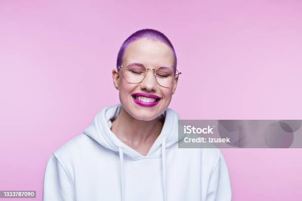 Cheerful Young Woman With Short Purple Hair Stock Photo - Download Image Now - One Woman Only, Women, Smiling