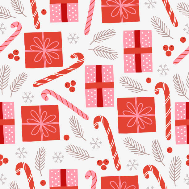 ilustrações de stock, clip art, desenhos animados e ícones de christmas seamless pattern with gift, snow, fir branches, candy cane - hard candy candy pink wrapping paper