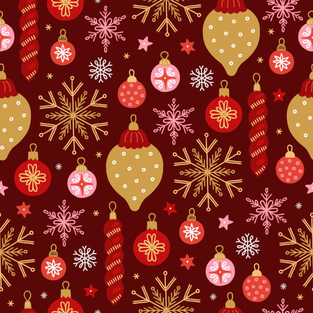 ilustrações de stock, clip art, desenhos animados e ícones de christmas seamless pattern with balls, baubles, snowflakes, stars. scandinavian style - 5898