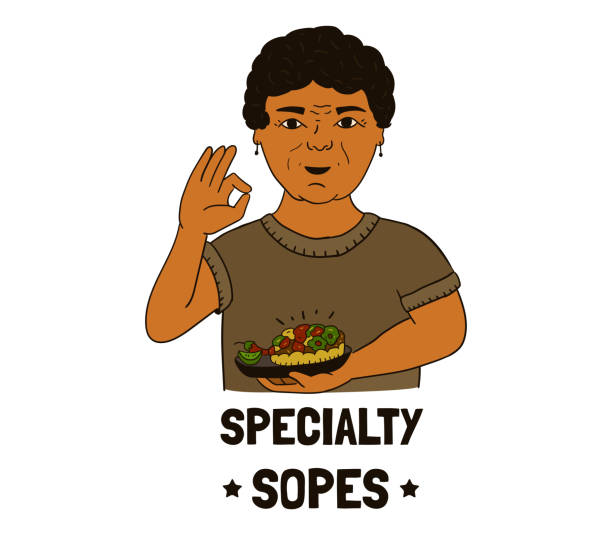 Grandma and the Mexican dish Sopes or Sope is a cute and funny illustration. Grandma and the Mexican dish Sopes or Sope is a cute and funny illustration. middle aged woman cooking stock illustrations