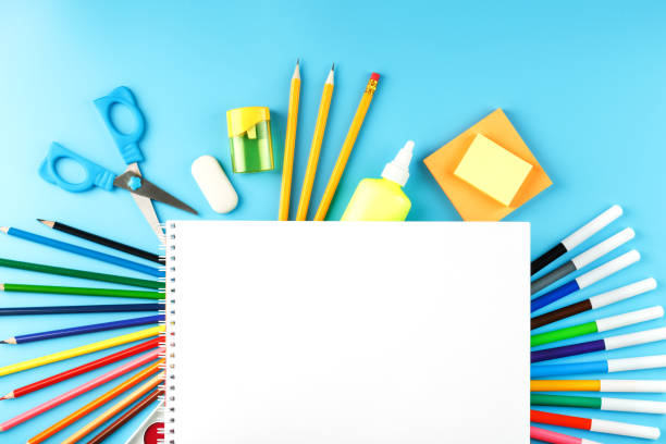 istock A set of school supplies for learning and creative development on a blue background. 1333789712