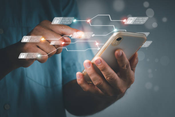 The concept is a blockchain technology with a diagram of chain and encrypted blocks. Double exposure of a man's hand working with mobile phone and business strategy and social media diagram.