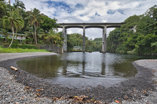 A tall bridge over a stream near a neighborhood in Hilo, Hawaii.