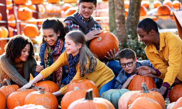 istock Boy with down syndrome, friends at pumpkin patch 1333794530