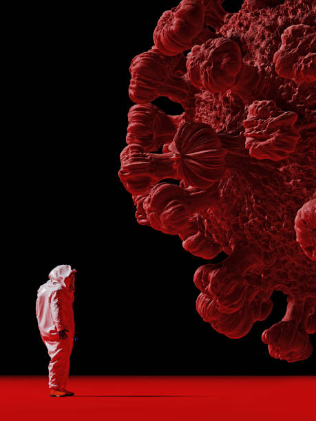istock Human in white hazmat suit protective gear (PPE) with COVID-19 virus, 3d rendering 1333795913