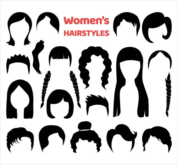 ilustrações de stock, clip art, desenhos animados e ícones de set of fashionable haircuts and hairstyles for womens or girls. vector modern black hair silhouettes, isolated on white - weave